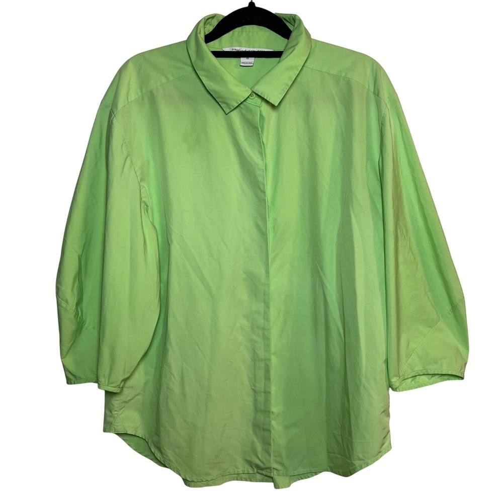 Diane von Furstenberg Button Up Blouse‎ Green Sz 12 Business Casual Puff Sleeves